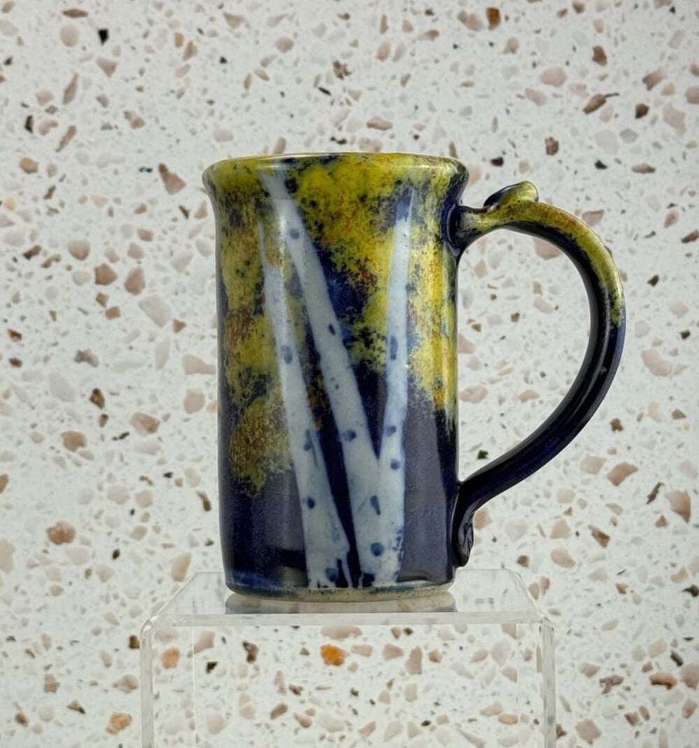 Handmade Pottery Mug in yellow Blues birch tree speckled